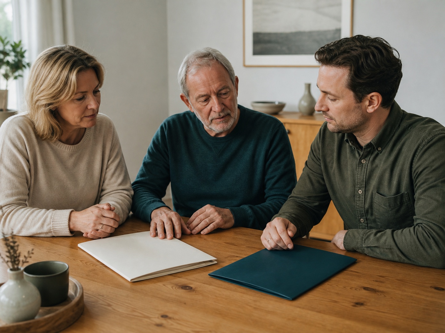 Familie gennemgår to organiserede sagsmapper ved et bord